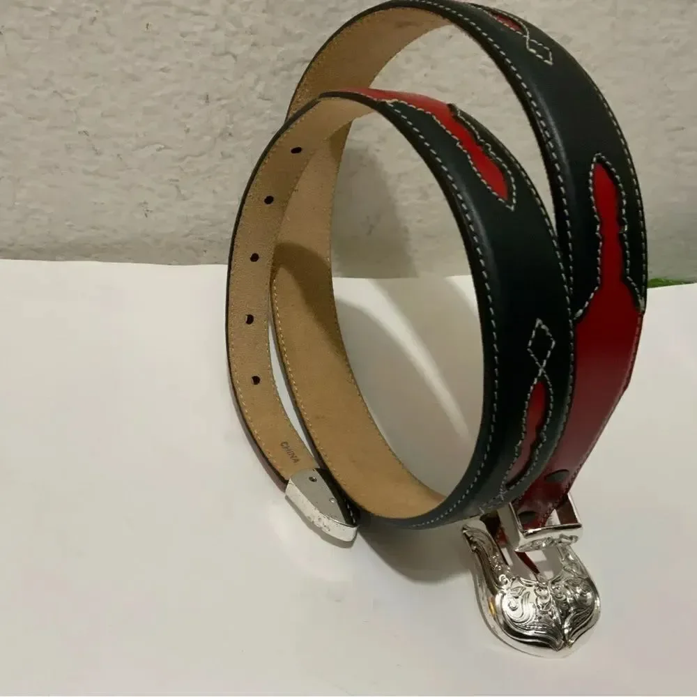 New Justin Black Red white stitches leather Belt unisex Size 32